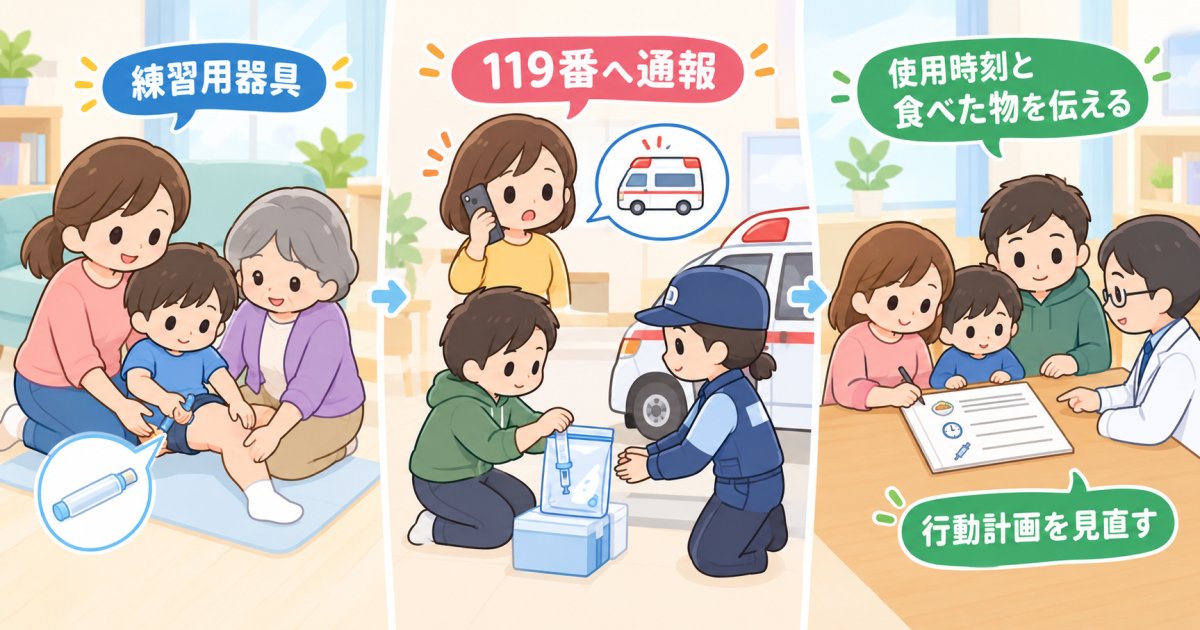 エピペンの使い方を練習し、使用後の救急対応まで備える